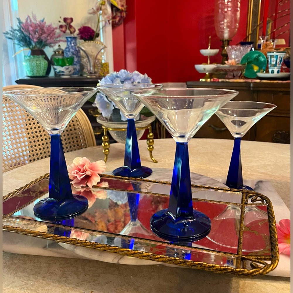 Set of 4 Blue Geo Twist Stem Martini Cocktail Glasses by Bombay Sapphire